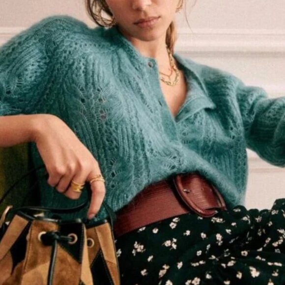 NEW Sezane Alma Cardigan XSmall Peacock Blue Kid Mohair Sweater Knit French - Picture 2 of 9